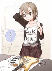 Rule 34 | 1girl, arm up, bare shoulders, black jacket, breasts, brown hair, closed mouth, clothes writing, electric guitar, english text, green eyes, guitar, hair between eyes, highres, idolmaster, idolmaster cinderella girls, indoors, instrument, jacket, off shoulder, open clothes, open jacket, plaid, plaid skirt, pleated skirt, red skirt, screwdriver, short hair, skirt, small breasts, solo, standing, sweat, tada riina, tank top, translation request, v-shaped eyebrows, wavy mouth, white tank top, yukie (kusaka shi)