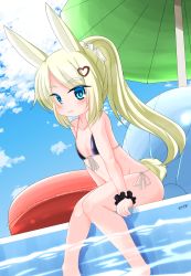 Rule 34 | 1girl, :3, amx-13, animal ear fluff, animal ears, arm support, ball, bare arms, bare legs, bare shoulders, barefoot, beach umbrella, beachball, bikini, black bikini, blonde hair, blue sky, breasts, cleavage, closed mouth, cloud, cloudy sky, collarbone, commentary request, day, hair ornament, heart, heart hair ornament, highres, innertube, kanijiru, long hair, looking at viewer, original, outdoors, parted bangs, personification, ponytail, rabbit ears, rabbit girl, rabbit tail, side-tie bikini bottom, signature, sitting, sky, small breasts, smile, solo, swim ring, swimsuit, tail, thick eyebrows, umbrella, very long hair, water, wrist cuffs