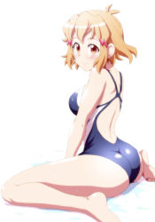 Rule 34 | 10s, 1girl, ass, back, backless swimsuit, bare shoulders, barefoot, blush, breasts, brown eyes, brown hair, competition swimsuit, from behind, hair ornament, hairclip, looking at viewer, looking back, one-piece swimsuit, senki zesshou symphogear, shiny clothes, short hair, simple background, sitting, smile, solo, swimsuit, tachibana hibiki (symphogear), wariza, water, wet, white background, zetsumu