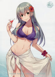 Rule 34 | 1girl, absurdres, bikini, breasts, cleavage, cocktail, cocktail glass, collarbone, cowboy shot, cup, drinking glass, flower, green eyes, green hair, hair between eyes, hair flower, hair ornament, highres, kantai collection, konishi (koconatu), large breasts, long hair, looking at viewer, navel, official art, purple bikini, red flower, sarong, scan, smile, solo, suzuya (kancolle), suzuya kai ni (kancolle), swimsuit, toned, white sarong