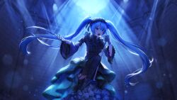 Rule 34 | 1girl, absurdres, black dress, black gloves, black headdress, black thighhighs, blue eyes, blue hair, blue theme, commentary, dress, garter straps, gloves, gothic lolita, hatsune miku, highres, holding, holding microphone, lace, lace gloves, lolita fashion, long hair, microphone, microphone stand, music, open mouth, singing, spotlight, teeth, thighhighs, twintails, vocaloid, wide sleeves, yuzuha wasa