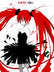 Rule 34 | 1girl, alternate costume, alternate hair color, bim0ngsam0ng, black dress, blood, blood on face, breasts, character name, cleavage, collarbone, dress, eyelashes, hatsune miku, pale skin, red eyes, red hair, sleeveless, sleeveless dress, small breasts, solo, twintails, vocaloid, white background