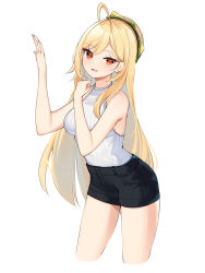 Rule 34 | 1girl, absurdres, ahoge, bare arms, bare shoulders, black shorts, blonde hair, breasts, cropped legs, hamburger hat, hands up, hat, highres, jingburger, long hair, looking at viewer, medium breasts, open mouth, red eyes, ribbed shirt, shirt, shirt tucked in, short shorts, shorts, sleeveless, sleeveless shirt, smile, solo, thighs, very long hair, virtual youtuber, waktaverse, white shirt, ziro (zirorong)