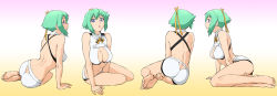 Rule 34 | 10s, 1girl, aquarion (series), aquarion evol, arm support, ass, back, bare shoulders, barefoot, between thighs, breasts, butt crack, cleavage, cleavage cutout, clothing cutout, dimples of venus, feet, green hair, hair ribbon, highres, large breasts, legs, long image, midriff, multiple views, navel, purple eyes, ribbon, short hair, shorts, sitting, turnaround, ueyama michirou, wide image, zessica wong