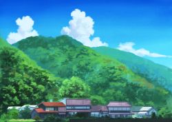 Rule 34 | absurdres, blue sky, cloud, day, forest, highres, hirota, house, mountain, nature, no humans, outdoors, scenery, sky, tree, window