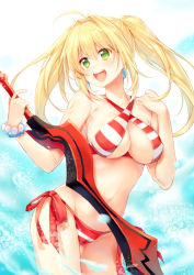 Rule 34 | 1girl, aestus estus, bad id, bad pixiv id, bare arms, bare shoulders, bikini, blonde hair, blush, bracelet, breasts, cleavage, commentary request, criss-cross halter, earrings, fate/grand order, fate (series), green eyes, hair between eyes, hair intakes, halterneck, hands up, head tilt, holding, holding sword, holding weapon, jewelry, large breasts, long hair, looking away, looking to the side, navel, nero claudius (fate), nero claudius (fate) (all), nero claudius (swimsuit caster) (fate), open mouth, pf, round teeth, side-tie bikini bottom, sidelocks, smile, solo, striped bikini, striped clothes, swimsuit, sword, teeth, twintails, upper teeth only, weapon