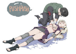 Rule 34 | 1boy, 1girl, absurdres, artist request, asphyxiation, blonde hair, breasts, breasts out, character request, clothes lift, cpr, drowning, dutch angle, english text, full body, heart attack, highres, kneeling, long hair, lying, medium breasts, miniskirt, naruto, naruto (series), on back, panties, pantyshot, shirt lift, simple background, skirt, speech bubble, underwear, wet, white background, white panties, yamanaka ino