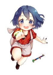 Rule 34 | 10s, 1girl, :d, artist name, backpack, bag, black hair, blue eyes, blush, brown footwear, clenched hand, foreshortening, full body, hair between eyes, highres, kaban (kemono friends), kemono friends, lens flare, loafers, looking at viewer, lucky beast (kemono friends), no headwear, no headwear, open mouth, red shirt, shirt, shoes, short hair, shorts, simple background, smile, solo, spoilers, sumi (oyasumie), twitter username, wavy hair, white background