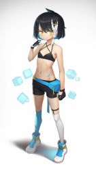 Rule 34 | 1girl, asymmetrical legwear, bikini, bikini top only, black hair, blue hair, braid, breasts, fanny pack, female focus, full body, gloves, highres, looking at viewer, mismatched legwear, mitake eil, multicolored hair, navel, original, shoes, short shorts, shorts, simple background, single braid, small breasts, solo, standing, swimsuit, white background, white hair, yellow eyes