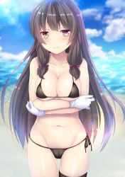 Rule 34 | 10s, 1girl, alternate costume, ass, bare shoulders, beach, bikini, black bikini, black hair, black thighhighs, blue sky, blush, breasts, brown eyes, cleavage, cloud, covered erect nipples, crossed arms, day, gloves, gluteal fold, hair ribbon, highres, isokaze (kancolle), izumi akane, kantai collection, large breasts, lens flare, long hair, looking at viewer, micro bikini, navel, ocean, outdoors, ribbon, sand, shiny skin, side-tie bikini bottom, single thighhigh, sky, smile, solo, stomach, swimsuit, thigh gap, thighhighs, thighs, tress ribbon, water, wet, white gloves