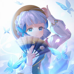 Rule 34 | 1girl, ayaka (genshin impact), backlighting, blue eyes, blue hair, braid, bug, butterfly, butterfly hair ornament, falling petals, flower, folding fan, genshin impact, hair flower, hair ornament, hand fan, hat, highres, holding, holding fan, insect, kamisato ayaka, kamisato ayaka (springbloom missive), long sleeves, minzieart, official alternate costume, paper fan, petals, puffy long sleeves, puffy sleeves, solo, upper body