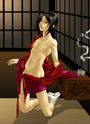 Rule 34 | 1boy, androgynous, black hair, blush, collarbone, fingernails, incense, indoors, japanese clothes, kimono, kneeling, lips, long hair, male focus, navel, nipples, no male underwear, open clothes, parted lips, shadow, smoke, socks, solo, tatami, trap, undressing, white socks