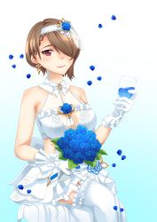 Rule 34 | 1girl, absurdres, alcohol, blue flower, blue rose, breasts, bride, brown hair, closed mouth, commentary, cup, dress, drinking glass, earrings, english commentary, flower, gloves, hair flower, hair ornament, hair over one eye, highres, holding, holding cup, honkai (series), honkai impact 3rd, jewelry, kuroyuki-mitsuki, large breasts, looking at viewer, mole, mole under eye, petals, purple eyes, rita rossweisse, rita rossweisse (artemis), rose, short hair, smile, solo, thighhighs, wedding dress, white dress, white gloves, white thighhighs, wine, wine glass