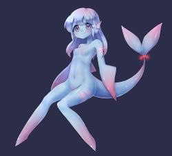 Rule 34 | 1girl, blue background, blue eyes, blue hair, blue sclera, blue skin, blush, breasts, colored sclera, colored skin, filet (kai himo), fins, gills, head fins, kai himo, medium hair, mermaid, monster girl, no feet, no hands, no nipples, nude, original, red pupils, simple background, small breasts, smile, solo, tail