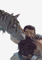 Rule 34 | 1boy, absurdres, affectionate, beard, beard over mouth, black hair, brown hair, covered mouth, dungeon meshi, dwarf, eating hair, facial hair, facing viewer, fake horns, fur trim, hair slicked back, happy, hashtag only commentary, helmet, highres, horned helmet, horns, horse, kelpie, long beard, male focus, monster, mustache, nuzzle, petting, seaweed, senshi (dungeon meshi), simple background, sleeveless, squatting, thick mustache, unworn headwear, unworn helmet, very long beard, wet, white background, wrinkled skin, youzu (youzuyozu)