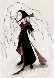 Rule 34 | 1girl, asymmetrical clothes, black eyes, blonde hair, boots, broom, full body, hair over one eye, hat, long coat, original, solo, standing, transient, white background, wings, witch, witch hat