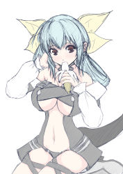 Rule 34 | 1girl, absurdres, banana, belt, black panties, blue hair, blush, breasts, center opening, choker, cleavage, detached sleeves, dizzy (guilty gear), eating, food, fruit, guilty gear, guilty gear x, guilty gear xx, hair ribbon, hand in own hair, high heels, highres, himechan, holding, holding food, large breasts, long sleeves, looking at viewer, midriff, monster girl, navel, panties, puffy long sleeves, puffy sleeves, red eyes, ribbon, sidelocks, sitting, solo, tail, thigh strap, thighs, twintails, underboob, underwear