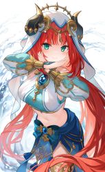 Rule 34 | 1girl, absurdres, aqua eyes, bare shoulders, blue bow, blue gemstone, blue skirt, bow, bracer, breasts, brooch, circlet, closed mouth, cowboy shot, crop top, crossed wrists, dancer, detached sleeves, gem, genshin impact, gold trim, harem outfit, highres, horns, jewelry, large breasts, long hair, long sleeves, looking at viewer, low twintails, navel, neck ring, nilou (genshin impact), parted bangs, pelvic curtain, puffy long sleeves, puffy sleeves, red hair, shirt, simple background, skirt, smile, solo, stomach, tassel, thighlet, thighs, tikakaa, twintails, veil, very long hair, water, white background, white headwear, white shirt, x arms