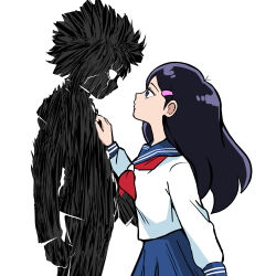 Rule 34 | 1boy, 1girl, absurdres, black hair, blue eyes, blue sailor collar, blue skirt, closed mouth, commentary, english commentary, eye contact, from side, gakuran, hair ornament, hairclip, highres, kageyama shigeo, long hair, long sleeves, looking at another, mob psycho 100, neckerchief, red neckerchief, sailor collar, school uniform, serafuku, shirt, short hair, simple background, skirt, standing, takane tsubomi, tohrkgk, white background, white shirt