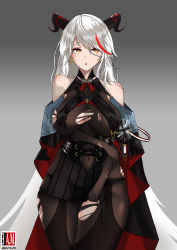 Rule 34 | 1girl, 3 a.m., absurdres, aegir (azur lane), azur lane, black corset, black dress, black gloves, breasts, corset, covered navel, cowboy shot, cross, dress, earrings, elbow gloves, gloves, grey hair, highres, horns, iron cross, jewelry, large breasts, long hair, open mouth, thighhighs, torn clothes, torn dress, torn thighhighs, yellow eyes