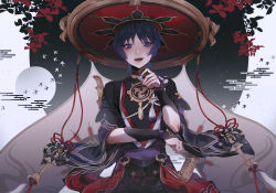 1boy, :d, absurdres, amulet, arm guards, armor, bangs, bird, black hair, black shirt, blue eyes, commentary, cowboy shot, egasumi, eyebrows visible through hair, eyeliner, fingernails, gem, genshin impact, highres, holding, ichimegasa, japanese armor, japanese clothes, leaf, looking down, makeup, male focus, misshao 00, multicolored hair, o-ring, open mouth, purple hair, red headwear, red ribbon, ribbon, scaramouche, shiny, shiny hair, shirt, sidelocks, smile, solo, standing, tassel, two-tone hair, white background, wide sleeves