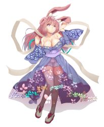 Rule 34 | 1girl, animal ears, bare shoulders, blush, breasts, cleavage, hews, highres, large breasts, long hair, long sleeves, original, pink eyes, pink hair, rabbit ears, see-through, shawl, simple background, solo, thighhighs, white background, wide sleeves, zettai ryouiki