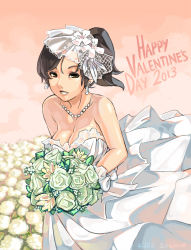 Rule 34 | 1girl, 2013, bare shoulders, black hair, blush, bouquet, breasts, bride, brown eyes, brown hair, cleavage, dated, dress, earrings, english text, evy (mabinogi), field, flower, flower field, gloves, hair flower, hair ornament, happy valentine, highres, jewelry, junkpuyo, large breasts, lips, lipstick, long hair, mabinogi, mabinogi heroes, makeup, necklace, pearl necklace, pink background, ponytail, ribbon, short ponytail, simple background, smile, solo, standing, strapless, strapless dress, valentine, veil, wedding dress, white dress, white gloves