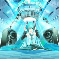 Rule 34 | 1girl, arms up, black footwear, black skirt, boots, cable, ceiling, checkered floor, collared shirt, detached sleeves, gears, grey shirt, hair between eyes, hair ornament, hands on headphones, hatsune miku, headphones, headset, long hair, long sleeves, looking at viewer, machinery, microphone, microphone stand, miniskirt, necktie, on floor, pleated skirt, shirt, sitting, skirt, smile, solo, speaker, thigh boots, thighhighs, twintails, upskirt, very long hair, vocaloid, yonasawa, zettai ryouiki