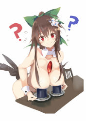 Rule 34 | 1girl, ?, black wings, blush, bow, breasts, brown hair, chair, coffee mug, collarbone, commentary request, cup, detached collar, flower, green bow, hair between eyes, hair bow, hair flower, hair ornament, hanging breasts, highres, large breasts, long hair, looking at viewer, mug, nude, red eyes, reiuji utsuho, smile, solo, table, tetsurou (fe+), touhou, white flower, wings, wrist cuffs