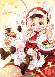 Rule 34 | 1girl, :d, ahoge, bloomers, bread slice, brown footwear, brown gloves, cabbie hat, chef, clover print, commentary request, cream, cream on face, cupcake, dodoco (genshin impact), fish-flavored toast (genshin impact), food, food on face, fork, fruit, genshin impact, gloves, hair between eyes, harada (sansei rain), hat, hat feather, hat ornament, highres, holding, holding fork, jumpy dumpty, klee (genshin impact), kneehighs, light brown hair, lighter-than-air pancake (genshin impact), long hair, long sleeves, looking at viewer, official alternate costume, open mouth, orange eyes, pancake, plate, sidelocks, sitting, smile, socks, solo, strawberry, toast, underwear