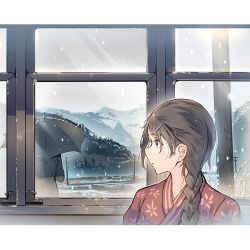 Rule 34 | 1girl, 1other, braid, brown eyes, brown hair, daito, hair ornament, hairclip, highres, japanese clothes, long hair, looking to the side, mountainous horizon, original, snowing, train interior, umbrella, upper body