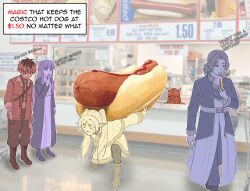 Rule 34 | 2girls, 3boys, :3, = =, absurdres, black pantyhose, boots, capelet, commentary, costco, eisen (sousou no frieren), english commentary, english text, food, frieren, frown, fukaikiri, full body, highres, holding, holding food, hot dog, jacket, looking down, multiple boys, multiple girls, on one knee, oversized food, oversized object, pantyhose, photo background, sein (sousou no frieren), sousou no frieren, standing, stark (sousou no frieren)