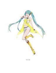 Rule 34 | 1girl, aqua eyes, aqua hair, babydoll, bare shoulders, boots, copyright name, full body, hair between eyes, hatsune miku, headphones, highres, knee boots, knee up, long hair, looking at viewer, navel, open mouth, short shorts, shorts, simple background, smile, solo, song name, spencer sais, teeth, twintails, very long hair, vocaloid, watch, white background, white shorts, wristwatch, yellow (vocaloid), yellow footwear