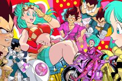 Rule 34 | 6+boys, 6+girls, alternate costume, angry, annoyed, armor, black hair, blue eyes, blue hair, breasts, bulma, cleavage, cosplay, costume, crossover, cutie honey, cutie honey (character), cutie honey (character) (cosplay), cutie honey universe, dragon ball, dragon ball super, dragonball z, dual persona, gloves, google, grin, hairband, highres, jacket, long hair, medium breasts, midriff, motor vehicle, motorcycle, multiple boys, multiple girls, navel, open mouth, shorts, smile, vegeta
