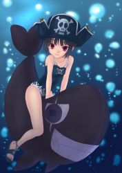 Rule 34 | 1girl, casual one-piece swimsuit, child, hat, kooh, minazuki isami, one-piece swimsuit, pangya, pirate hat, red eyes, riding, sandals, shark, solo, swimsuit, whale