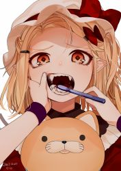 Rule 34 | 1girl, artist name, bad id, bad twitter id, blonde hair, bow, brushing teeth, dated, fangs, fingernails, flandre scarlet, gotou (nekocat), hair ornament, hairclip, hat, hat bow, highres, long hair, looking at viewer, mob cap, open mouth, pointy ears, red bow, red eyes, signature, simple background, solo focus, stuffed toy, toothbrush, touhou, upper body, white background, white hat, wings, wristband
