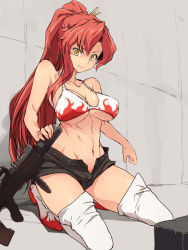 Rule 34 | 1girl, bare arms, bare shoulders, bikini, bikini top only, black shorts, boots, breasts, cleavage, collarbone, commentary request, commission, flame print, gun, holding, holding gun, holding weapon, kneeling, large breasts, long hair, navel, open fly, ponytail, red hair, rifle, shaded face, short shorts, shorts, single sidelock, solo, stomach, swimsuit, tengen toppa gurren lagann, thigh boots, thighhighs, uchiko onigiri, underboob, very long hair, weapon, white bikini, white footwear, yellow eyes, yoko littner