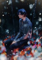 Rule 34 | 1boy, absurdres, black hair, black pants, blue shirt, bug, butterfly, chain, cheng xiaoshi, closed mouth, collared shirt, commentary, feet out of frame, flower, highres, hukusaya, insect, long sleeves, male focus, pants, red flower, shiguang dailiren, shirt, short hair, sitting, solo, swing, symbol-only commentary