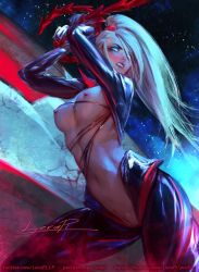 Rule 34 | 1girl, aleriia v, arms up, blonde hair, bodysuit, bound, bound arms, breasts, breasts out, clenched teeth, dark samus, long hair, medium breasts, metroid, metroid prime, navel, nintendo, nipples, no pupils, open bodysuit, open clothes, ponytail, restrained, sky, star (sky), starry sky, stomach, teeth, thighs, uncensored
