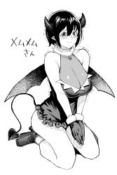 Rule 34 | 10s, absurdres, akuma no memumemu-chan, bad id, bad twitter id, bare shoulders, black hair, blush, boots, breasts, character name, cleavage, demon girl, demon tail, demon wings, full body, fur-trimmed boots, fur-trimmed gloves, fur collar, fur trim, gloves, greyscale, hair between eyes, highres, horns, jewelry, large breasts, memumemu-chan, monochrome, nishi yusuke, own hands together, pointy ears, short hair, sitting, tail, tears, trembling, wariza, white background, wings