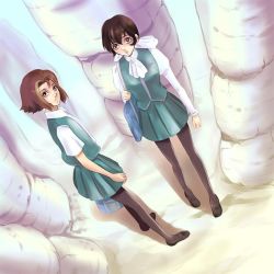 Rule 34 | 2girls, brown hair, brown legwear, expressionless, female focus, from above, from side, full body, loafers, looking at viewer, looking up, miyabe yuko, multiple girls, natsuno eri, nature, open mouth, outdoors, pantyhose, pike (piquet), pleated skirt, school uniform, shoes, short hair, skirt, standing, strange dawn, walking