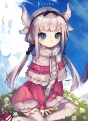 Rule 34 | 10s, 1girl, :o, ankle lace-up, arm at side, arm support, artist name, beads, between legs, black bow, black hairband, blouse, blue eyes, blue sky, blunt bangs, blush, bow, buttons, capelet, center frills, claw pose, closed mouth, cloud, cloudy sky, cowboy shot, cross-laced clothes, cross-laced footwear, daisy, day, dragon girl, dragon horns, dress, flower, frilled capelet, frilled skirt, frills, full body, fur trim, gothic lolita, grass, hair beads, hair bow, hair ornament, hairband, hand between legs, hands up, horns, jitome, kanna kamui, kobayashi-san chi no maidragon, lolita fashion, long hair, long sleeves, looking at viewer, low twintails, microdress, no tail, open mouth, outdoors, petals, red footwear, saika ryougi, shirt, shoes, simple background, sitting, skirt, sky, solo, spread legs, standing, tail, thighhighs, twintails, white background, white hair, white thighhighs
