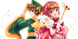 Rule 34 | 1990s (style), 1boy, 1girl, back-to-back, brown eyes, brown hair, cardcaptor sakura, chinese clothes, fuuin no tsue, glove bow, gloves, green eyes, hat, highres, kero (cardcaptor sakura), kinomoto sakura, li xiaolang, magical girl, pink hat, retro artstyle, shinyae, short hair, wand, white gloves
