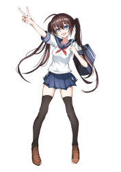 Rule 34 | 1girl, :d, ahoge, arm up, bag, black thighhighs, blue eyes, blue sailor collar, blue skirt, brown footwear, brown hair, collarbone, collared shirt, fang, floating hair, full body, hair between eyes, head tilt, loafers, long hair, looking at viewer, miniskirt, neckerchief, open mouth, original, pleated skirt, red neckerchief, sailor collar, sailor shirt, sak1 01, school bag, school uniform, serafuku, shirt, shoes, short sleeves, simple background, skirt, smile, solo, standing, tachi-e, thighhighs, twintails, v, very long hair, white background, white shirt, zettai ryouiki