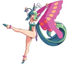 Rule 34 | 1girl, absurdly long hair, anklet, antenna hair, arms up, bracelet, breasts, butterfly wings, cleavage, clenched hands, earrings, fairy, full body, green hair, hair slicked back, highleg, highleg leotard, insect wings, jewelry, la pucelle, leotard, long hair, mamelon, official art, one eye closed, open mouth, pantyhose, pointy ears, ryoji (nomura ryouji), solo, very long hair, wings
