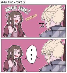 Rule 34 | ..., 1boy, 1girl, aerith gainsborough, armor, blonde hair, blush, bracelet, braid, brown hair, buster sword, choker, cloud strife, dress, english text, final fantasy, final fantasy vii, final fantasy vii remake, green eyes, hair ribbon, hand up, high five, highres, jacket, jewelry, kyou (ningiou), open mouth, pink background, pink dress, pink ribbon, red jacket, ribbon, ribbon choker, sequential, shoulder armor, spiked hair, square enix, sweatdrop, turtleneck