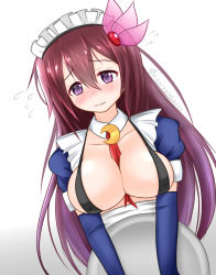 Rule 34 | 1girl, @ @, absurdres, alternate costume, apron, between breasts, bikini, black bikini, blue gloves, breasts, collarbone, crescent, crescent pin, elbow gloves, enmaided, gloves, hair between eyes, hair ornament, highres, holding, holding tray, kantai collection, kisaragi (kancolle), kisaragi kai ni (kancolle), kisaragi mizuto, large breasts, long hair, maid, maid bikini, maid day, maid headdress, necktie, necktie between breasts, purple eyes, purple hair, red necktie, shrug (clothing), solo, swimsuit, tray, unconventional maid, upper body, waist apron, white apron