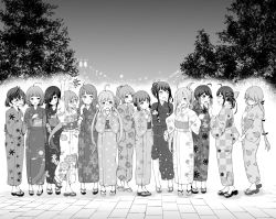 Rule 34 | 6+girls, ahoge, alternate hairstyle, asashimo (kancolle), bad id, bad pixiv id, braid, festival, floral print, fujinami (kancolle), glasses, greyscale, hair over eyes, hair over one eye, hair ribbon, hamanami (kancolle), hayanami (kancolle), hayashimo (kancolle), highres, japanese clothes, kantai collection, kazagumo (kancolle), kimono, kishinami (kancolle), kiyoshimo (kancolle), long hair, makigumo (kancolle), monochrome, multiple girls, naganami (kancolle), night, okinami (kancolle), outdoors, ponytail, print kimono, ribbon, sandals, short hair, side ponytail, single braid, sleeves past wrists, standing, takanami (kancolle), twintails, yukata, yuugumo (kancolle), yuuki kazuhito
