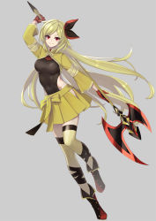 Rule 34 | 1girl, arm up, black footwear, black leotard, black ribbon, blonde hair, boots, bow, breasts, closed mouth, covered navel, creatures (company), female focus, full body, game freak, gen 5 pokemon, gloves, grey background, hair ribbon, halberd, happy, haxorus, highres, hip vent, holding, holding polearm, holding weapon, knees together feet apart, leg up, leotard, long hair, long sleeves, looking at viewer, medium breasts, merlusa, miniskirt, multicolored footwear, nintendo, personification, pleated skirt, pokemon, polearm, red eyes, red footwear, red gloves, ribbon, shrug (clothing), sidelocks, simple background, skirt, smile, solo, standing, standing on one leg, thighhighs, very long hair, weapon, yellow bow, yellow skirt, yellow theme, zettai ryouiki