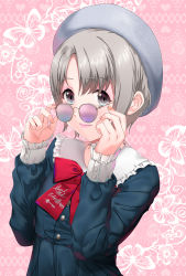 Rule 34 | adjusting eyewear, beret, blue dress, blue eyes, blue hat, blush, bow, bowtie, closed mouth, dress, floral background, frilled shirt collar, frilled sleeves, frills, grey hair, hands up, hat, heart, highres, idolmaster, idolmaster cinderella girls, looking at viewer, looking back, maou (demonlord), nail polish, otokura yuuki, parted bangs, patterned background, pink background, pink lips, purple-tinted eyewear, red bow, red bowtie, red nails, short hair, smile, solo, sunglasses, tareme, tinted eyewear, upper body, white-framed eyewear